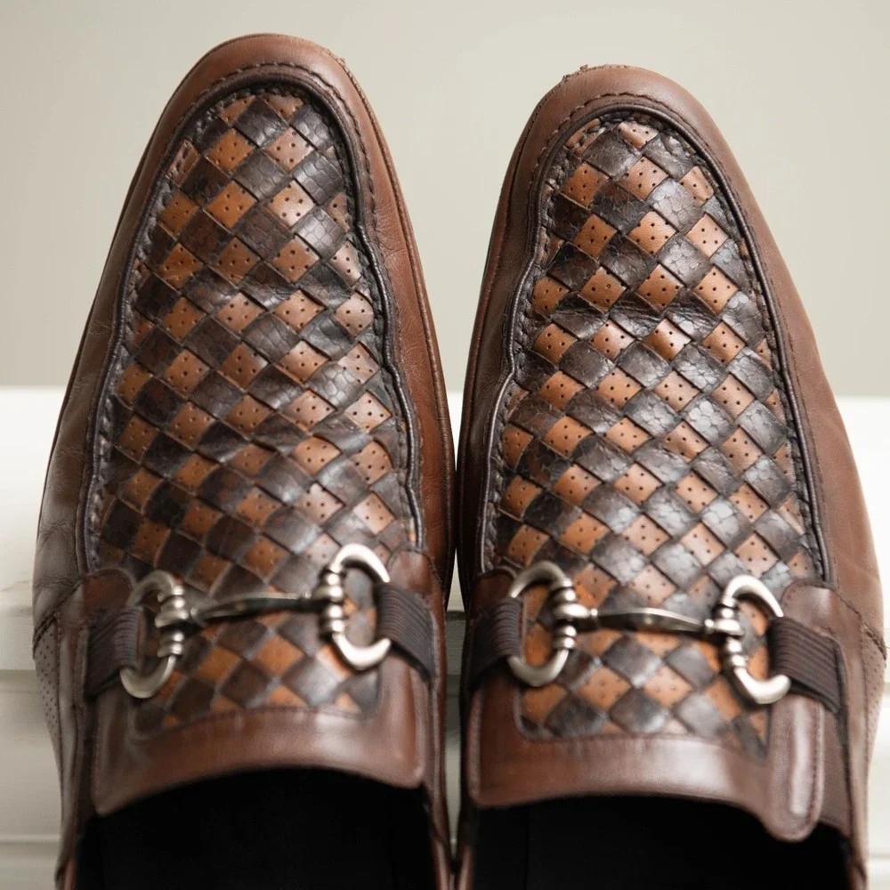 Mezlan Designer‎ Dress Shoes Sz 13 Brown Woven Leather Bit Loafers $475 Luxury